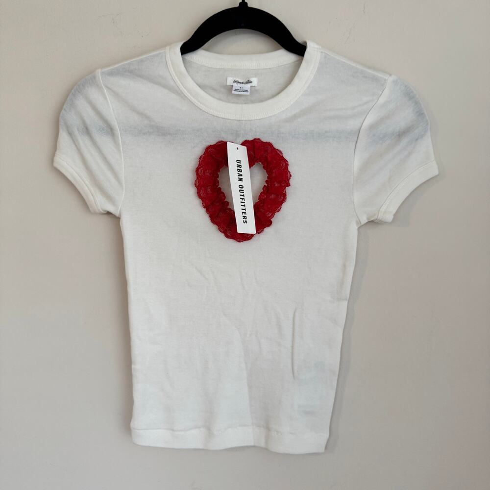 New Urban Outfitters Kimchi Blue Red Lace Heart Top White Sz S